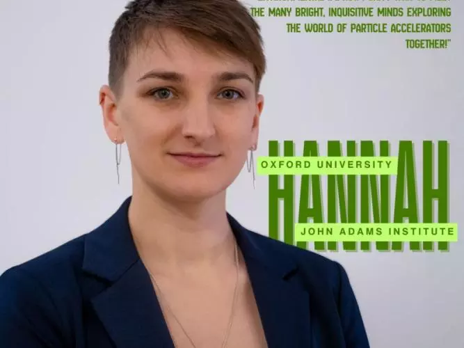 Dr. Hannah Wakeling with text: "I'm looking forward to talking about the brilliant work we are doing as a community to reduce environmental impact. I can't wait to meet the many bright, inquisitive minds exploring the world of accelerators together".
